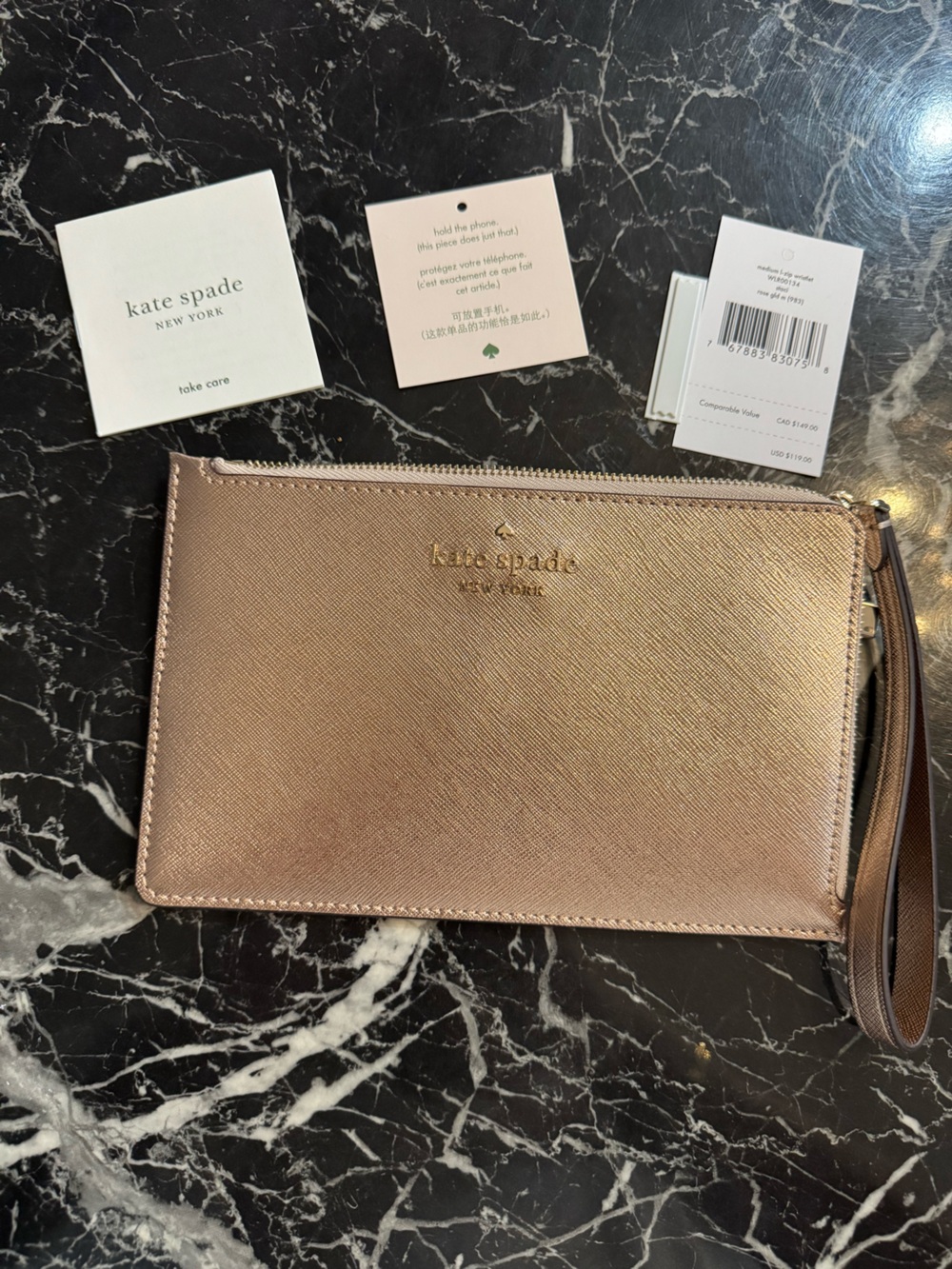 kate spade Blush Pink Leather Zip Wristlet with Gold Hardware